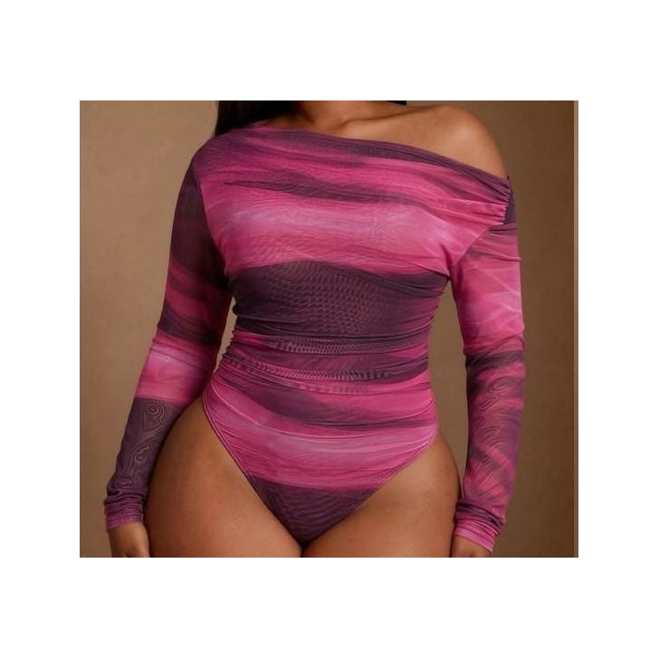Abstract Print Off-Shoulder Mesh Long-Sleeve Top