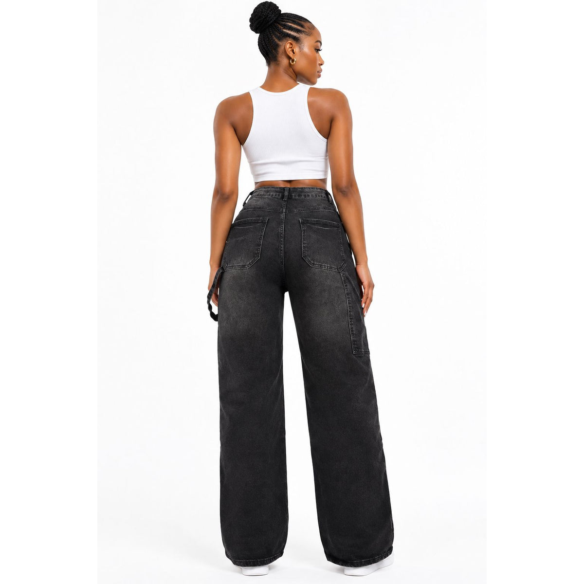 Faded High-Waisted Wide-Leg Utility Jeans