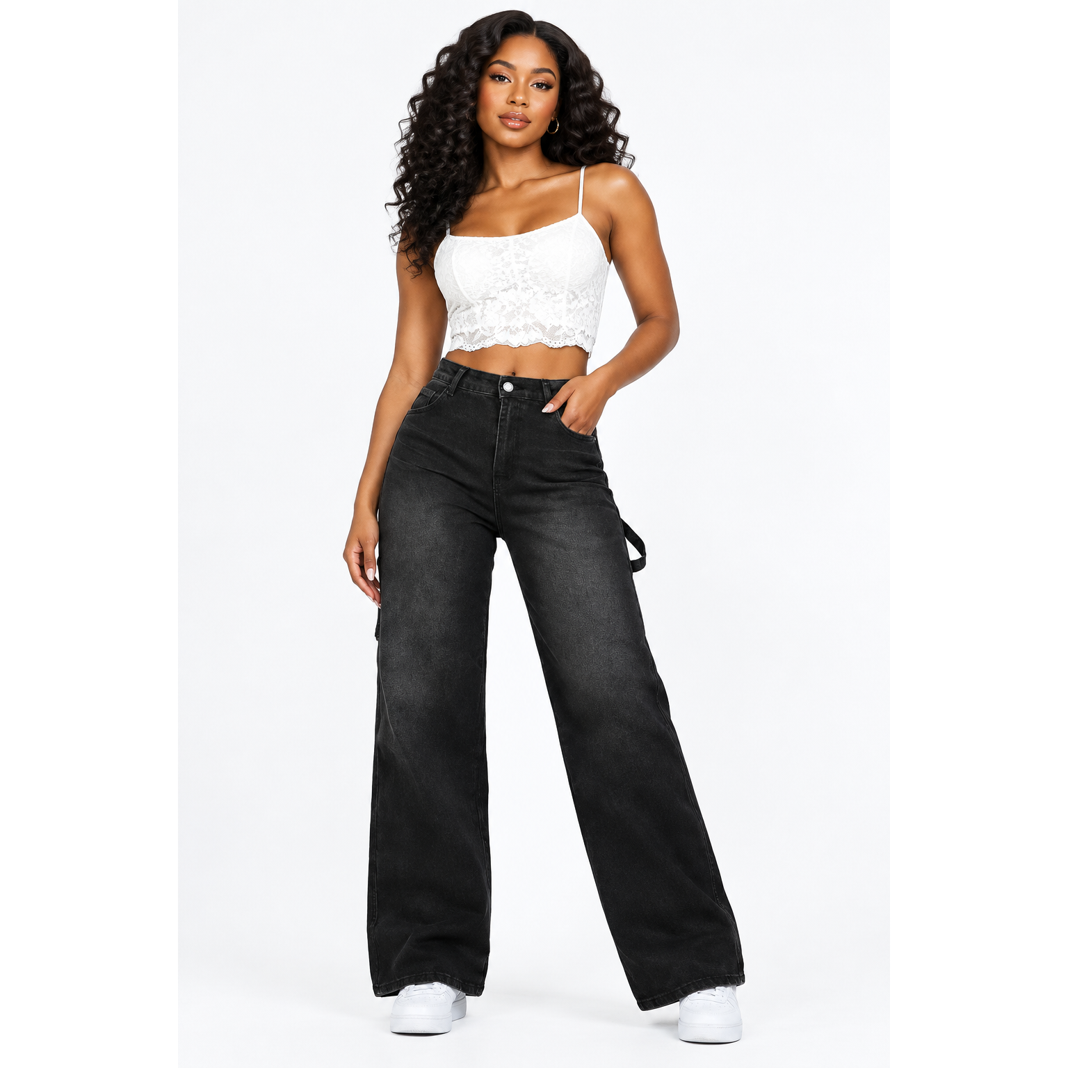Faded High-Waisted Wide-Leg Utility Jeans
