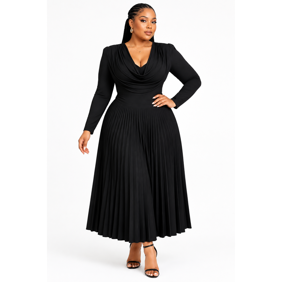 Plus Size V-Neck Long-Sleeve Pleated Maxi Dress