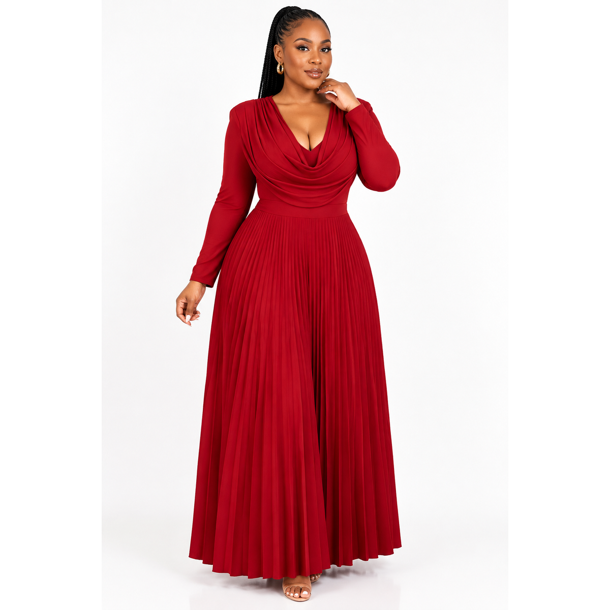 Plus Size V-Neck Long-Sleeve Pleated Maxi Dress
