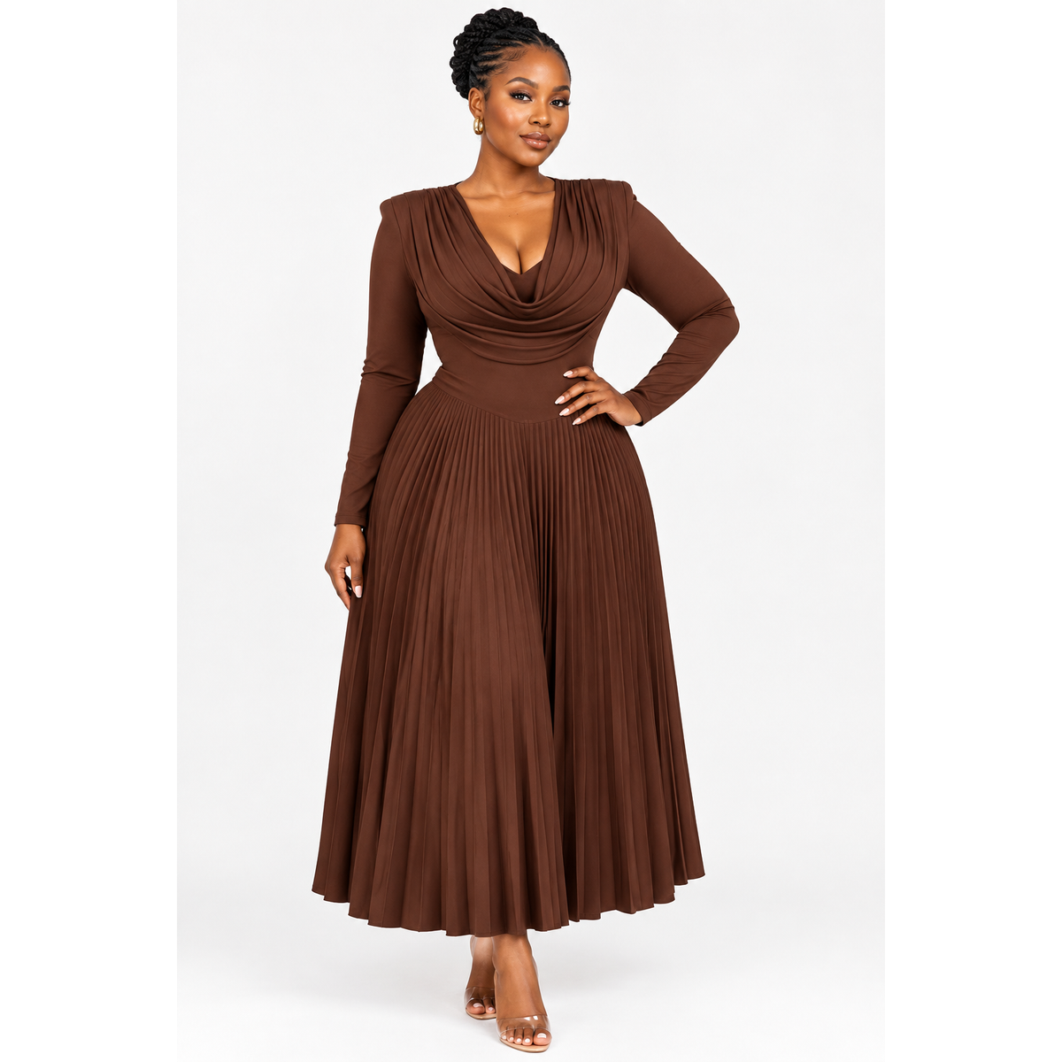 Plus Size V-Neck Long-Sleeve Pleated Maxi Dress