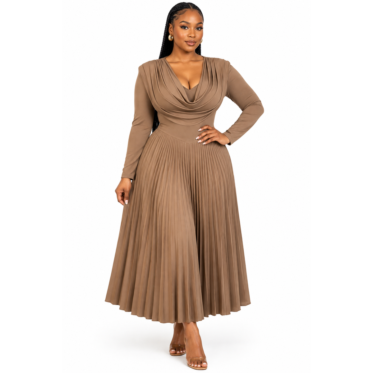 Plus Size V-Neck Long-Sleeve Pleated Maxi Dress