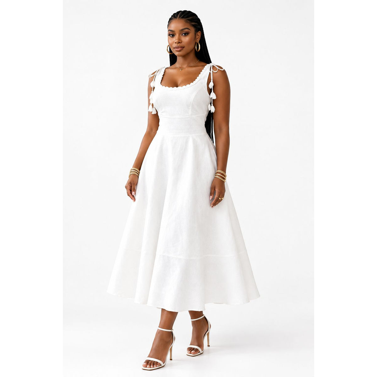 Square Neck Tie-Shoulder Midi Flared A-Line Panelled Dress