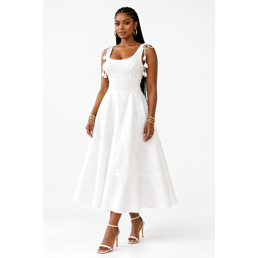 Square Neck Tie-Shoulder Midi Flared A-Line Panelled Dress