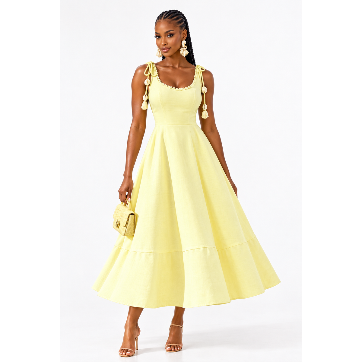 Square Neck Tie-Shoulder Midi Flared A-Line Panelled Dress