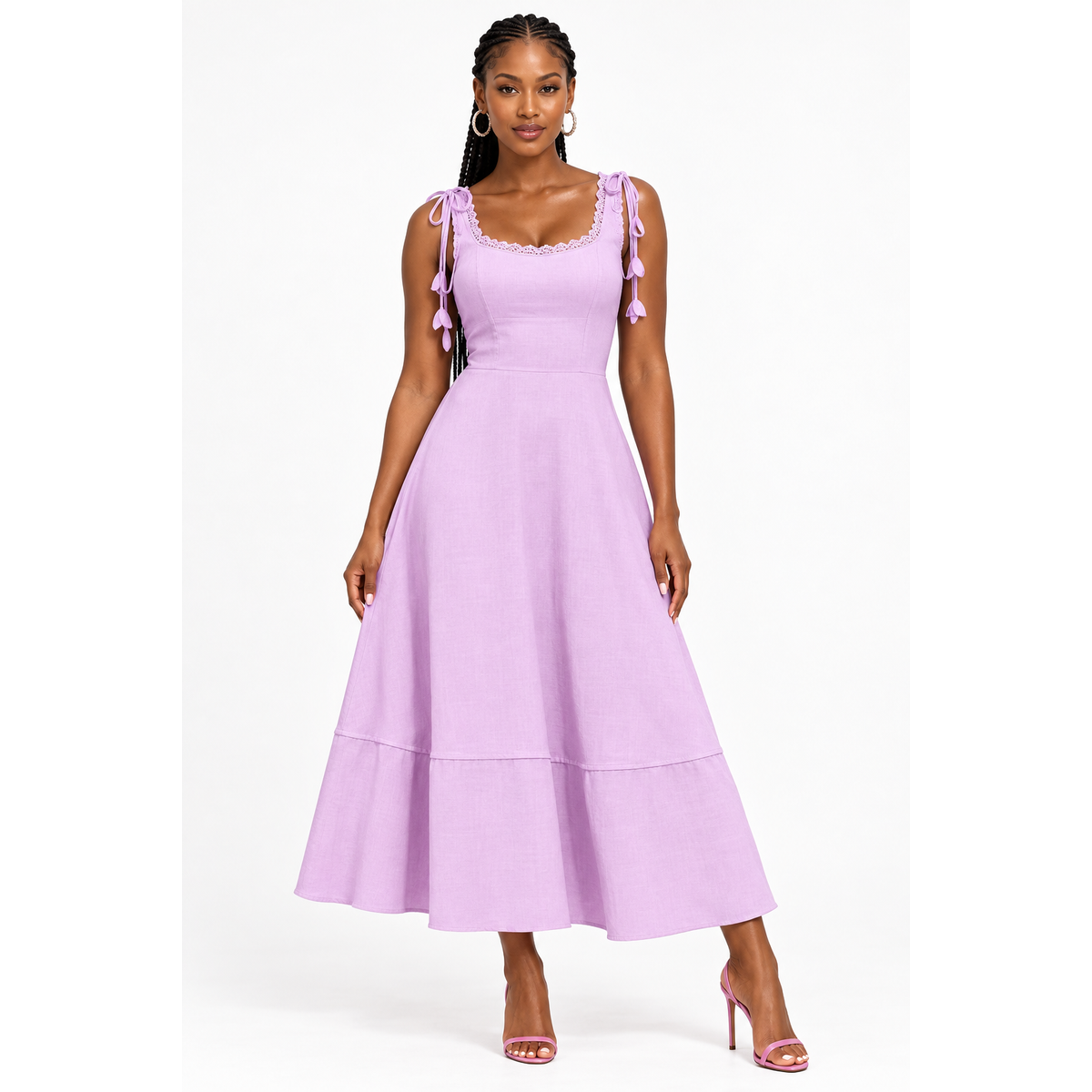 Square Neck Tie-Shoulder Midi Flared A-Line Panelled Dress