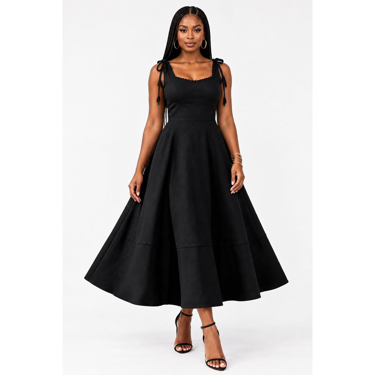 Square Neck Tie-Shoulder Midi Flared A-Line Panelled Dress