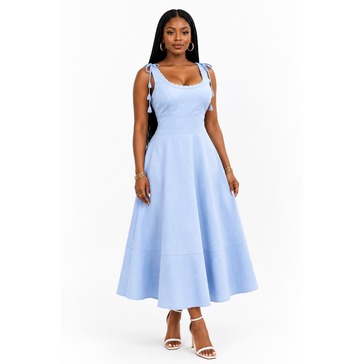 Square Neck Tie-Shoulder Midi Flared A-Line Panelled Dress