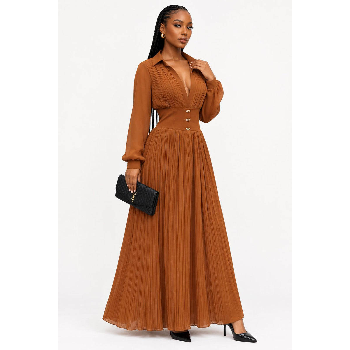 Satin A-Line Pleated Maxi Dress – Long-Sleeve V-Neck Formal Style
