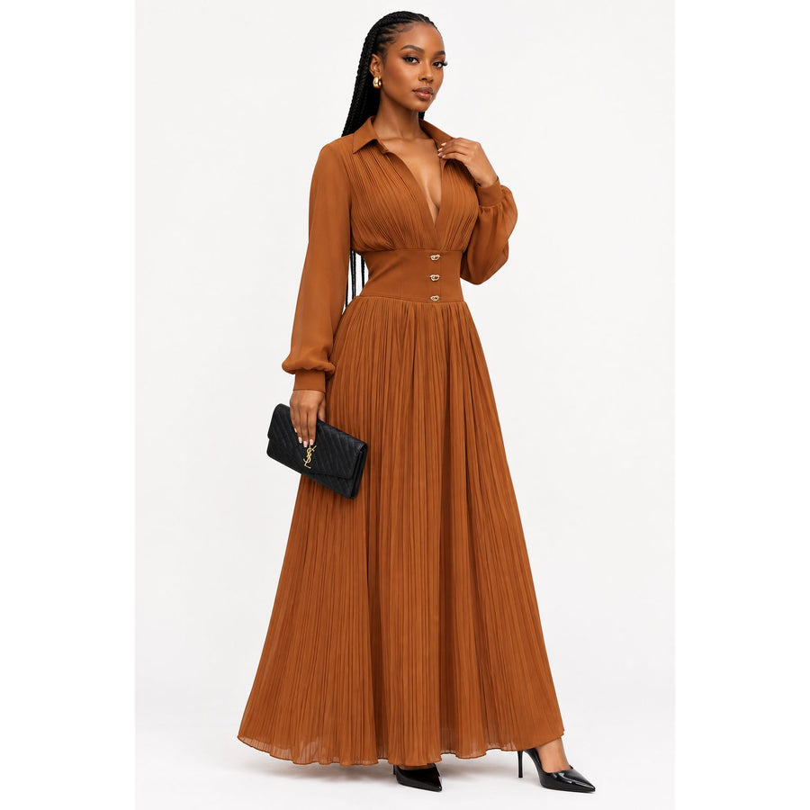 Satin A-Line Pleated Maxi Dress – Long-Sleeve V-Neck Formal Style