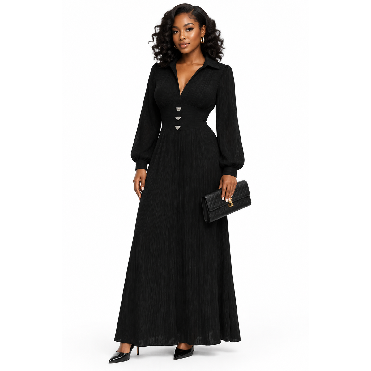 Satin A-Line Pleated Maxi Dress – Long-Sleeve V-Neck Formal Style