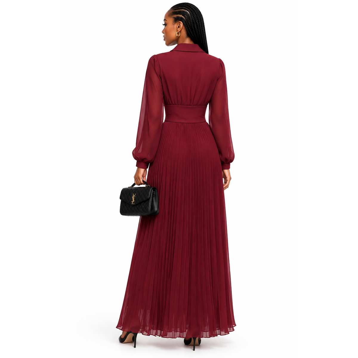 Satin A-Line Pleated Maxi Dress – Long-Sleeve V-Neck Formal Style
