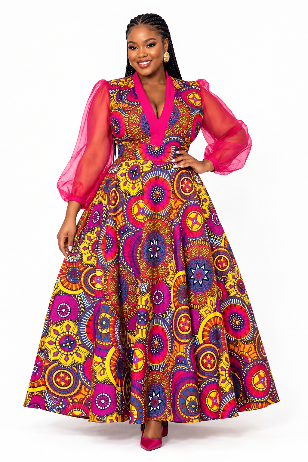 Plus Size Sheer Long-Sleeve Floral Kaftan Dress