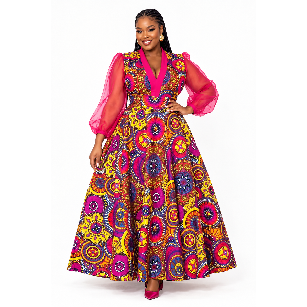 Plus Size Sheer Long-Sleeve Floral Kaftan Dress