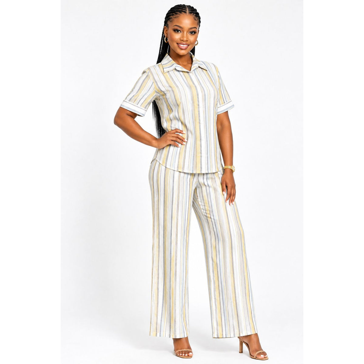 Women's Striped Shirt & Pants Set – Colourful Coordinated 2-Piece