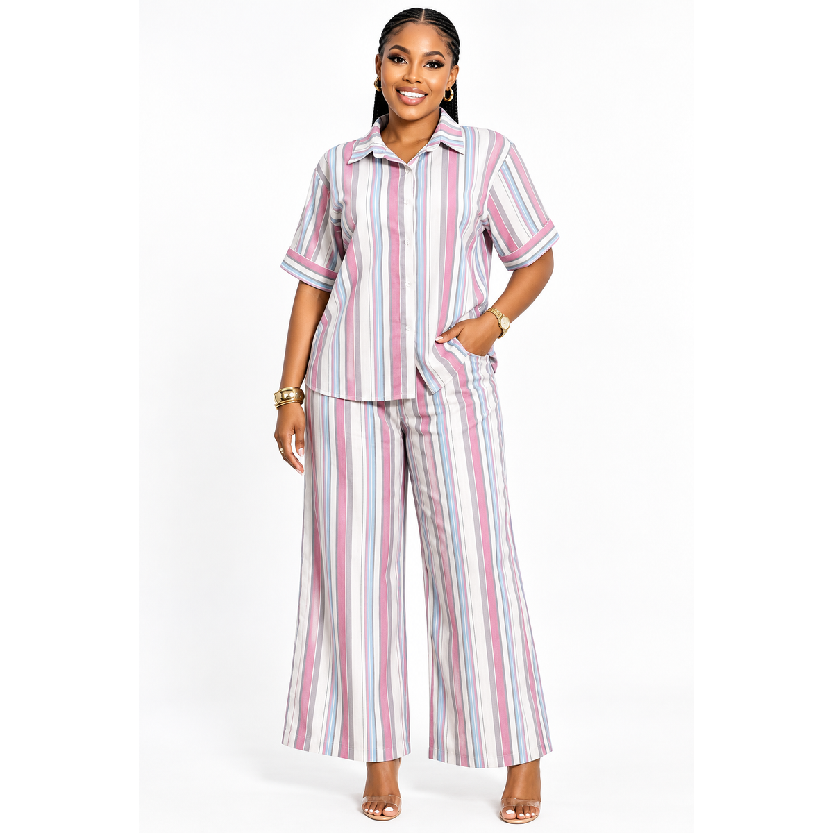 Women's Striped Shirt & Pants Set – Colourful Coordinated 2-Piece