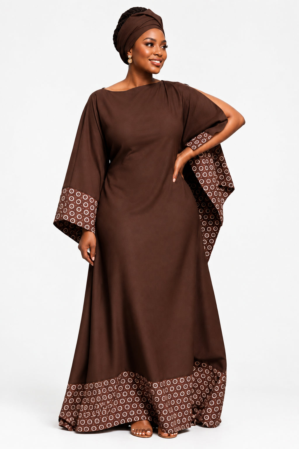 Long-Sleeve Modest Maxi Dress with Printed Cuffs & Hem – Elegant Floor-Length Dress