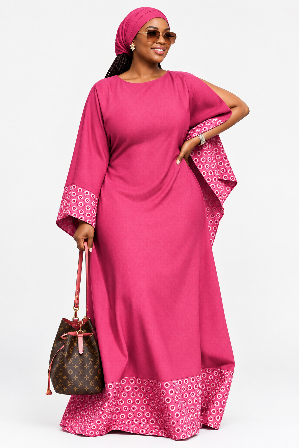 Long-Sleeve Modest Maxi Dress with Printed Cuffs & Hem – Elegant Floor-Length Dress