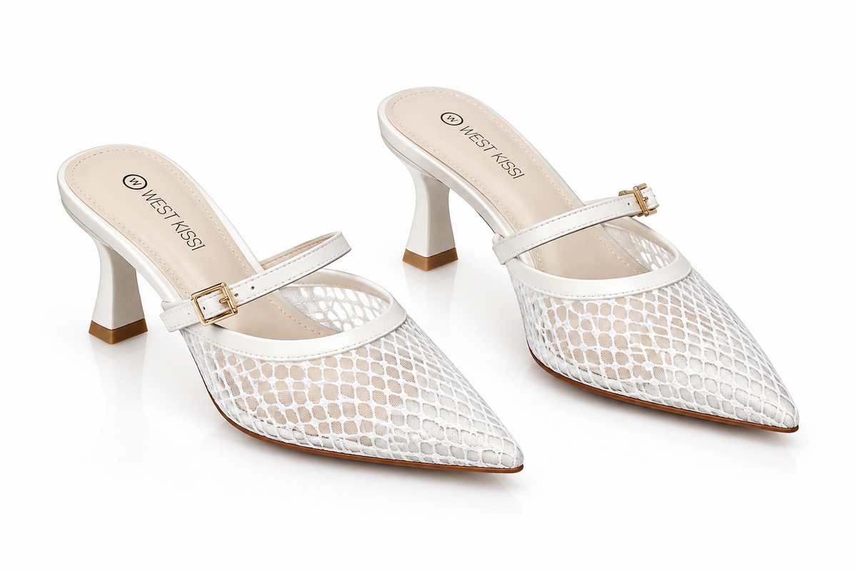 Women’s Mid Heel Pointed Court Shoes – Single Buckle Detail