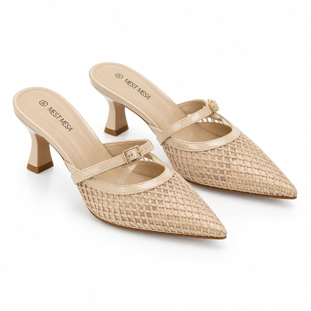 Women’s Mid Heel Pointed Court Shoes – Single Buckle Detail