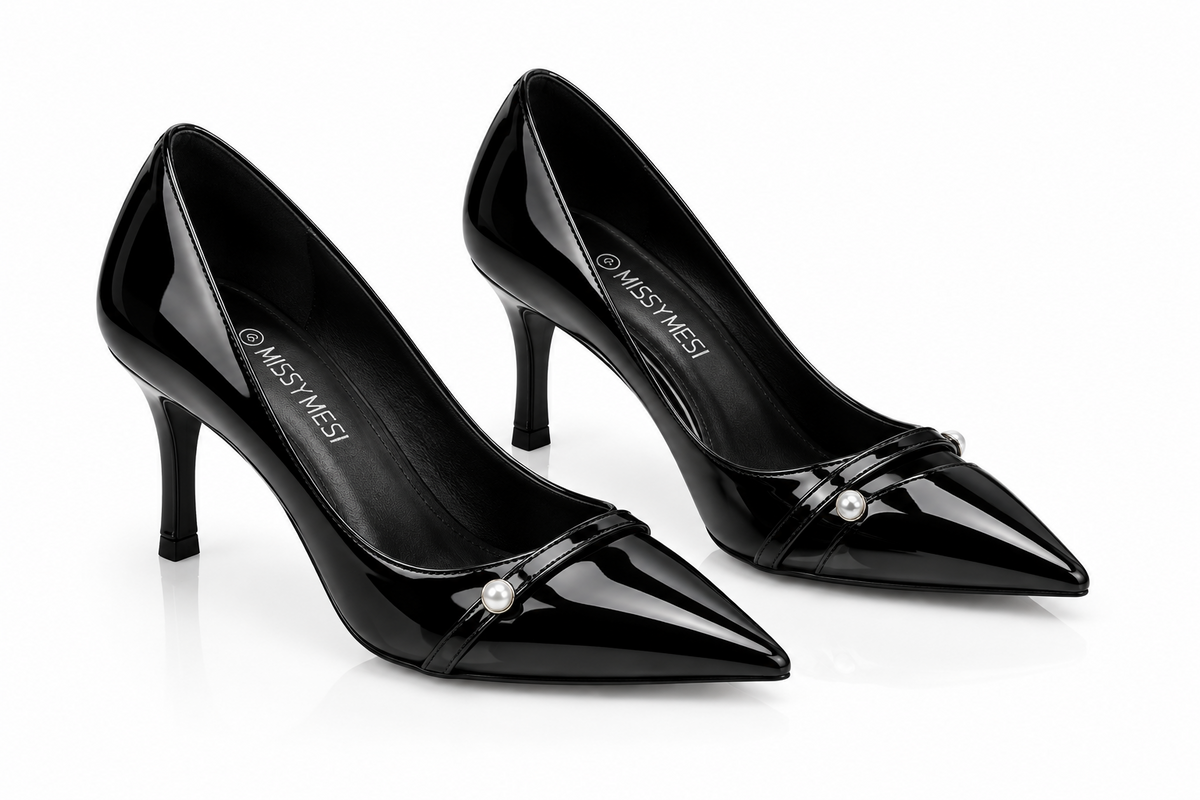 Patent Leather  Pumps Pearl Strap Cat Heel Pointed Toe
