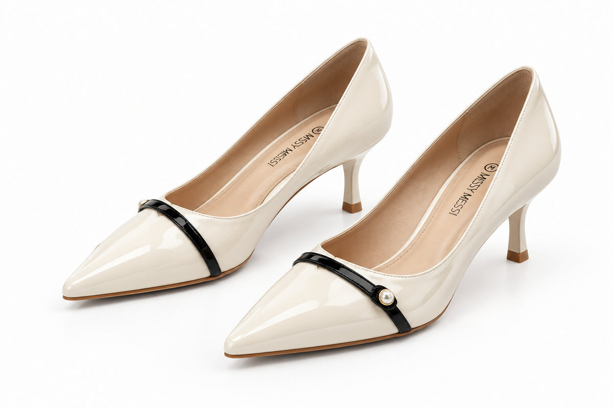 Patent Leather  Pumps Pearl Strap Cat Heel Pointed Toe