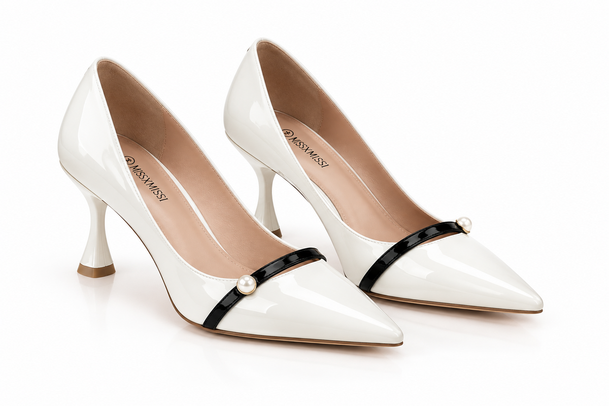Patent Leather  Pumps Pearl Strap Cat Heel Pointed Toe
