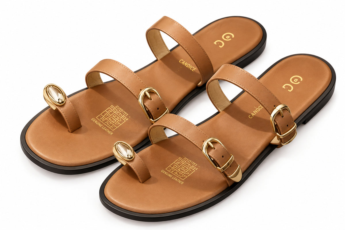 Dual Strap Gold Buckle & Toe Ring Detail Flat Sandals