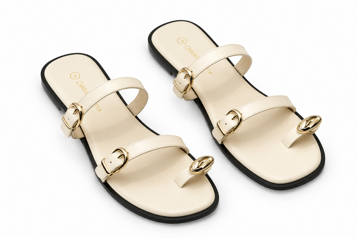 Dual Strap Gold Buckle & Toe Ring Detail Flat Sandals