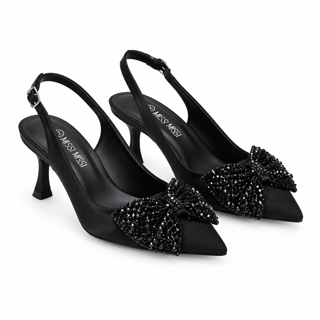Rhinestone Bow Slingback Mid-Heels Pointed Toe Occasion Heels