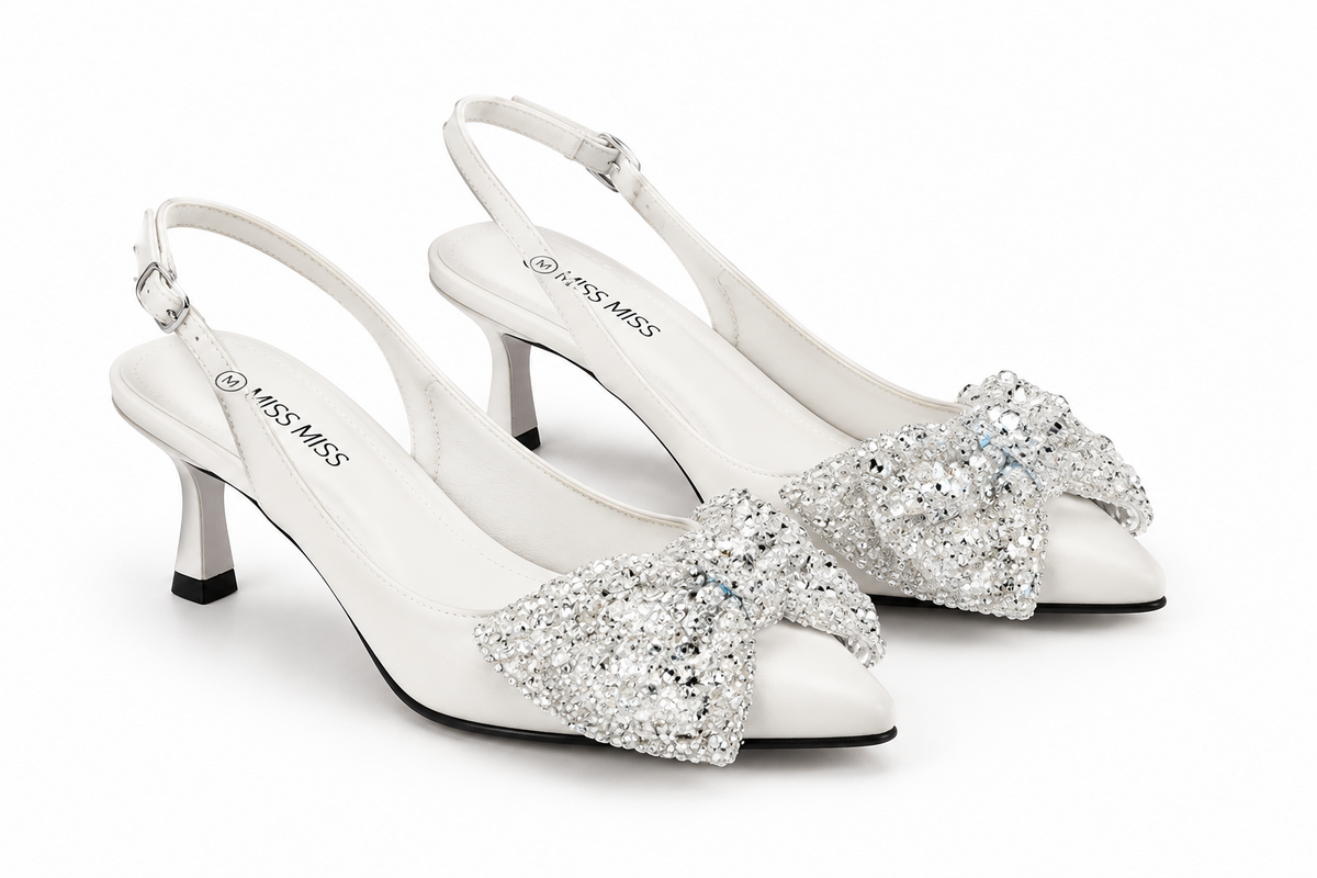 Rhinestone Bow Slingback Mid-Heels Pointed Toe Occasion Heels