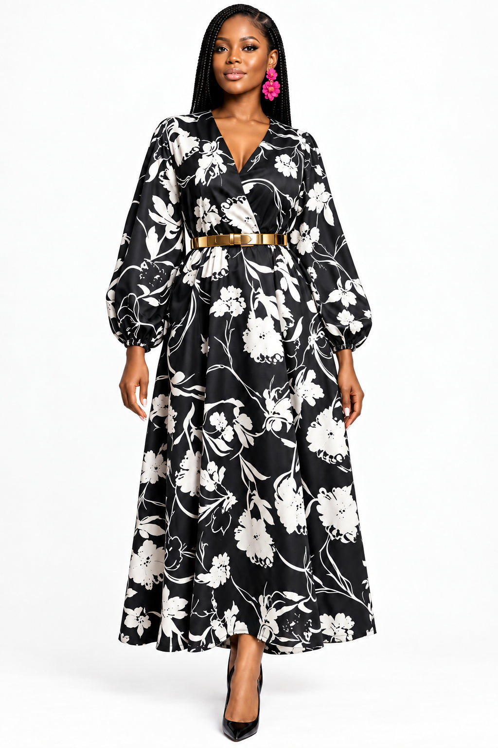 Elegant Belted Long-Sleeve Print Belted Maxi Floral Dress