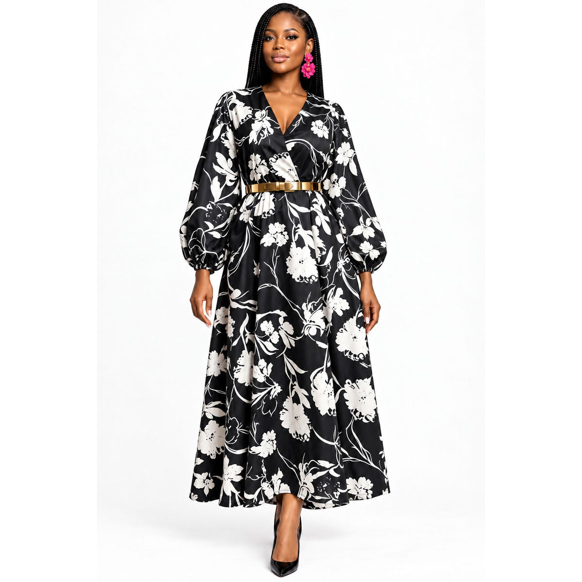 Elegant Belted Long-Sleeve Print Belted Maxi Floral Dress