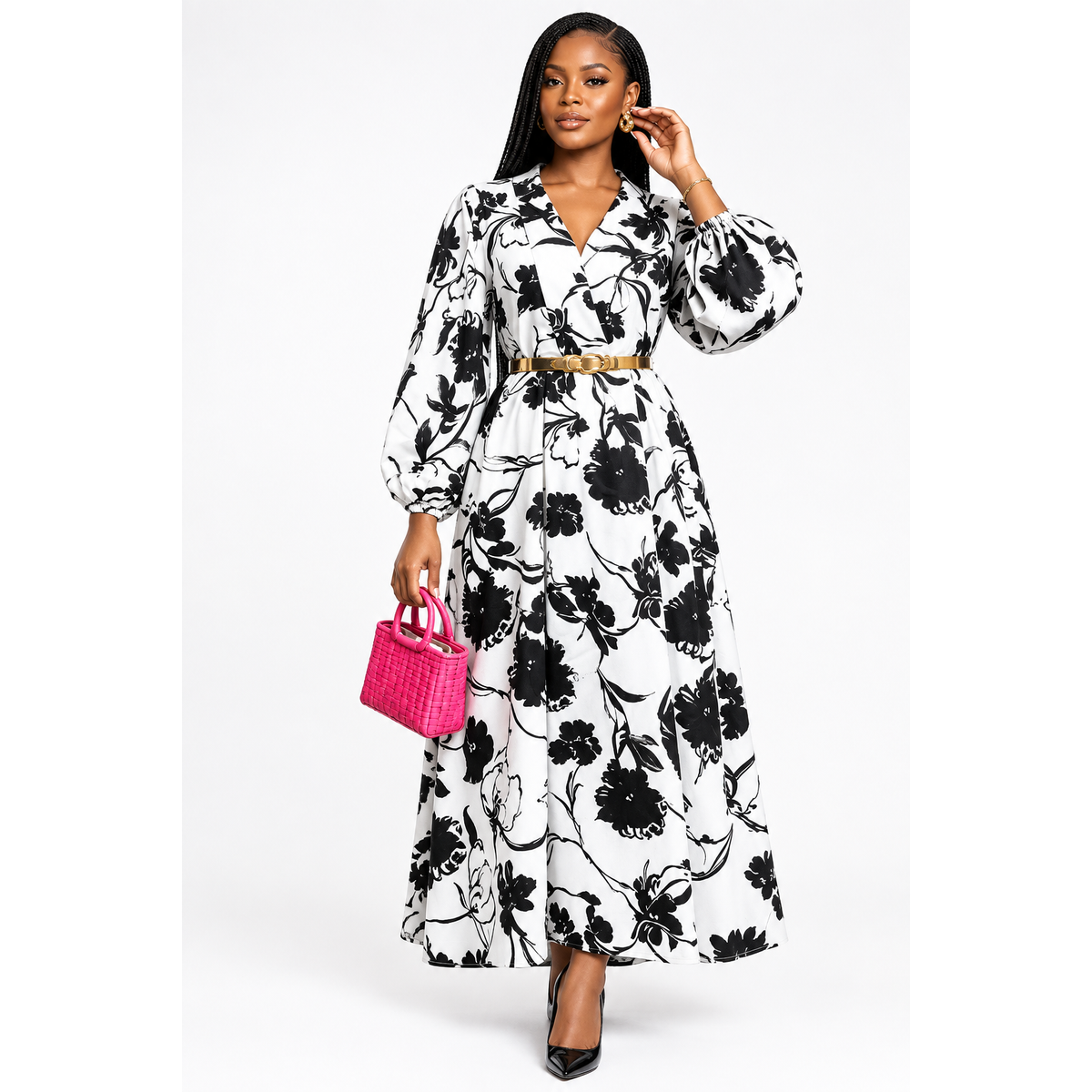 Elegant Belted Long-Sleeve Print Belted Maxi Floral Dress