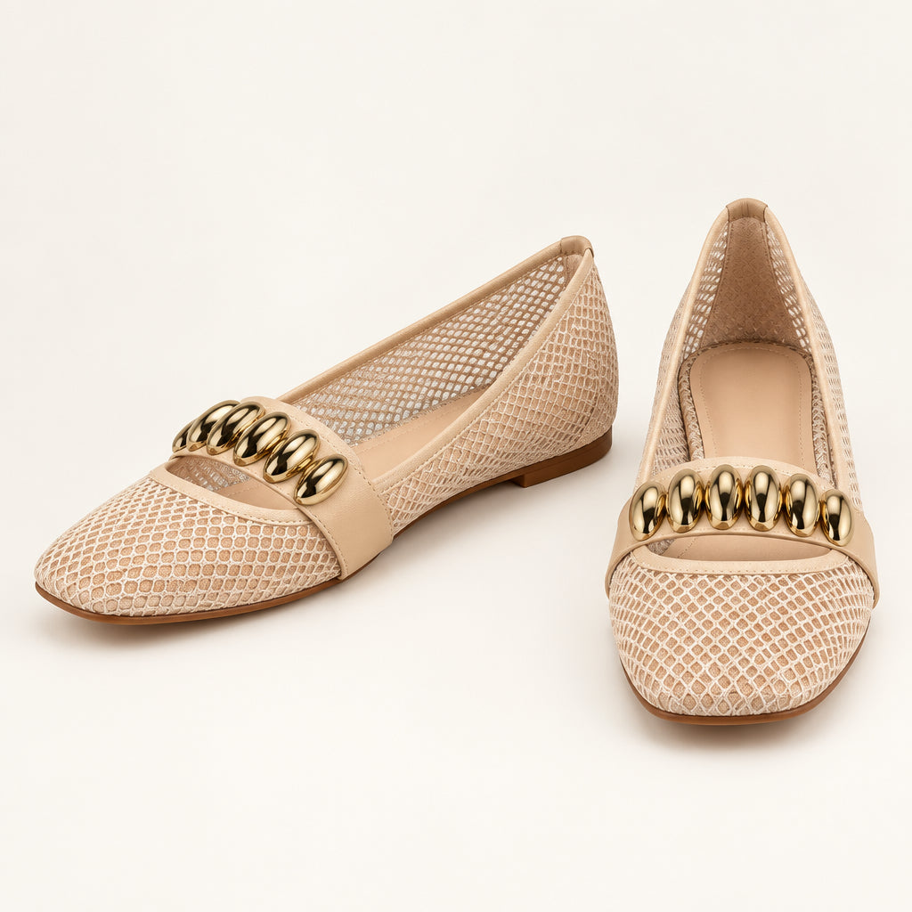 Square Toe Elastic Strap Flat Shoes – Gold Metallic Embellishment