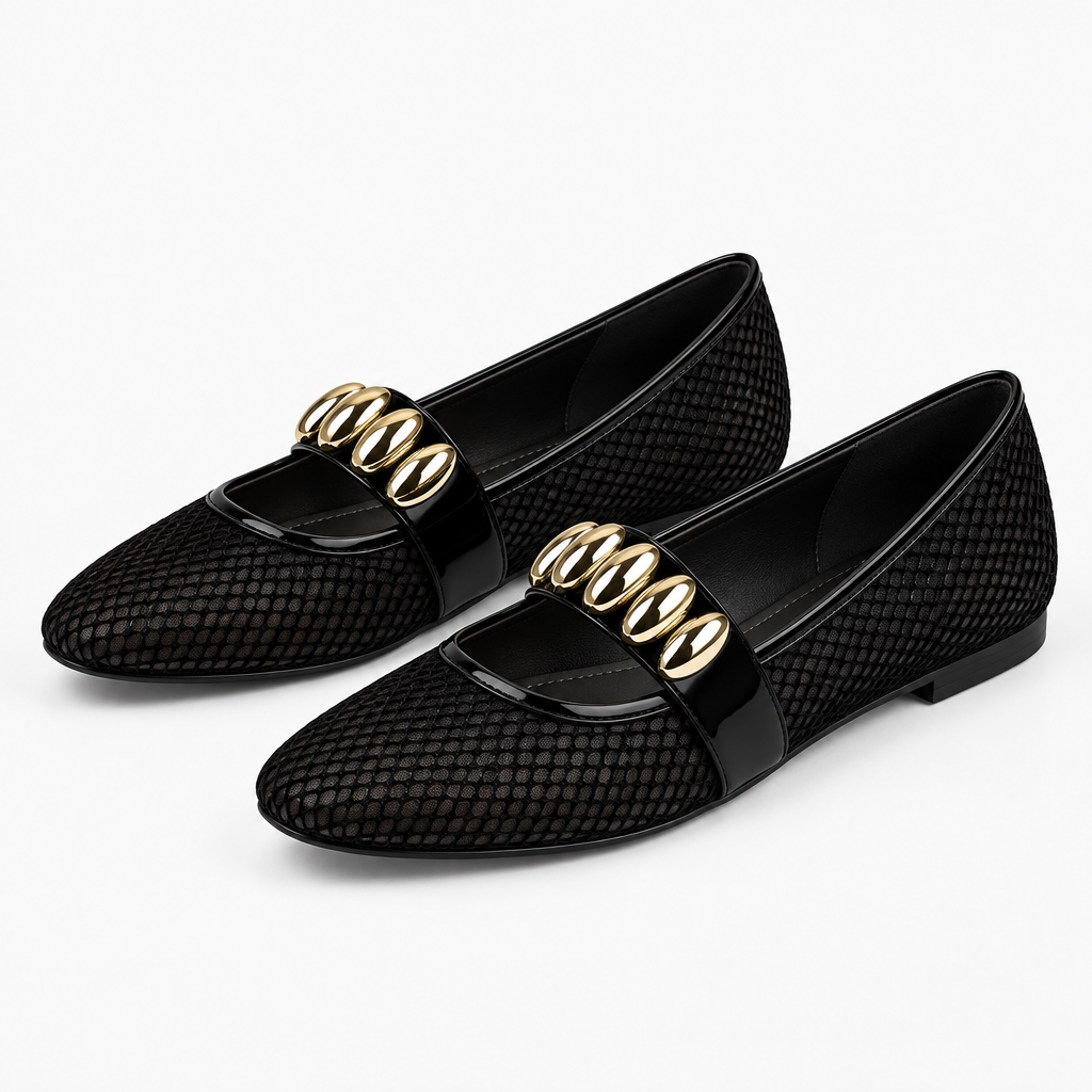 Square Toe Elastic Strap Flat Shoes – Gold Metallic Embellishment