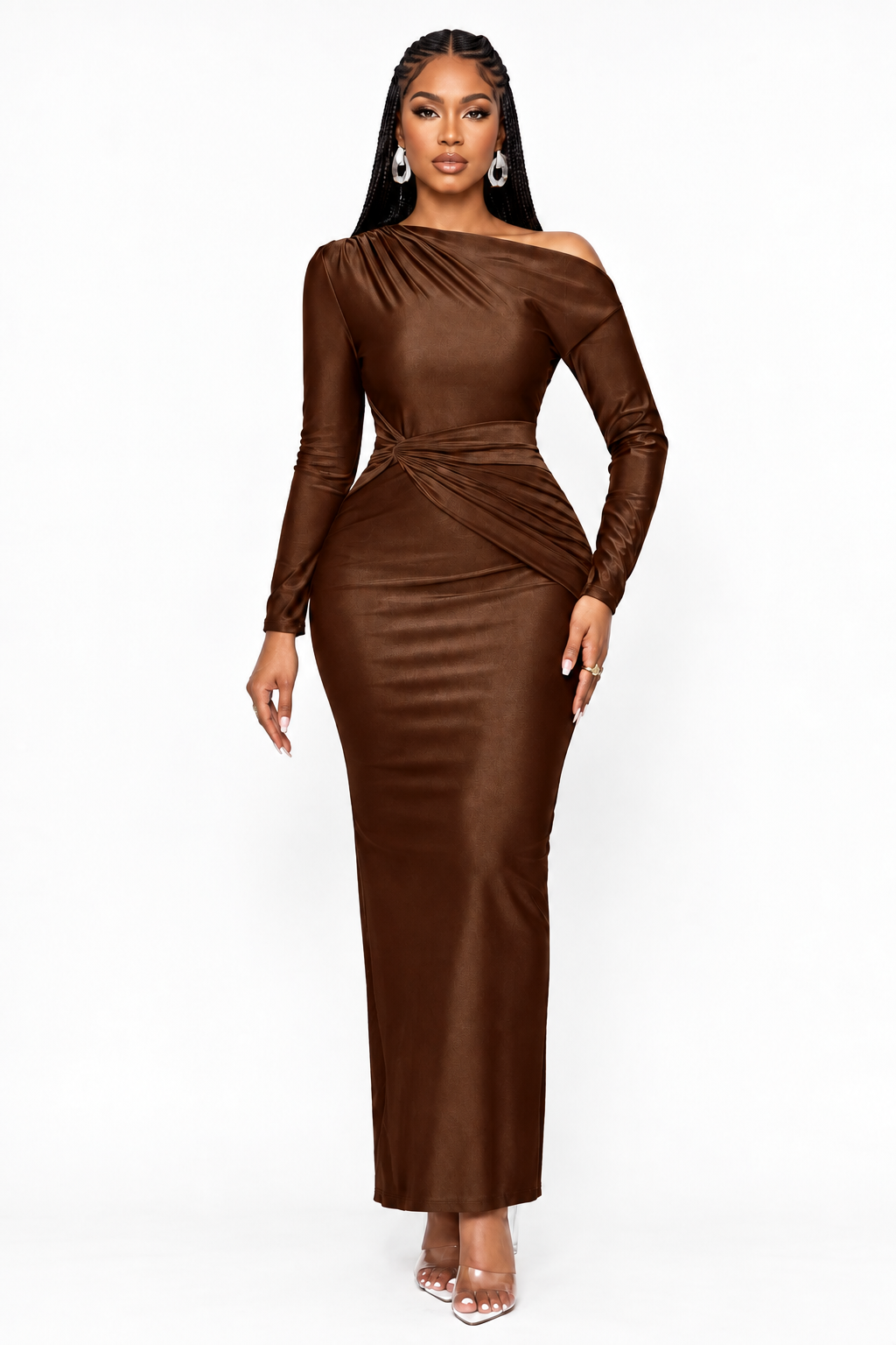 Off-Shoulder Ruched Long-Sleeve Maxi Dress