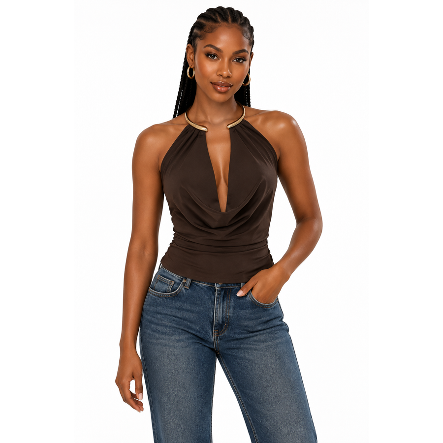 Sleeveless Halter-Neck Draped Front Top