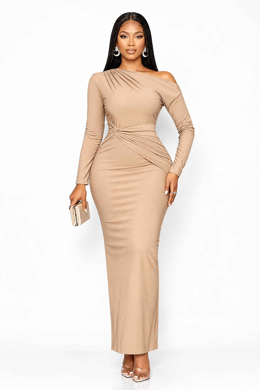 Off-Shoulder Ruched Long-Sleeve Maxi Dress