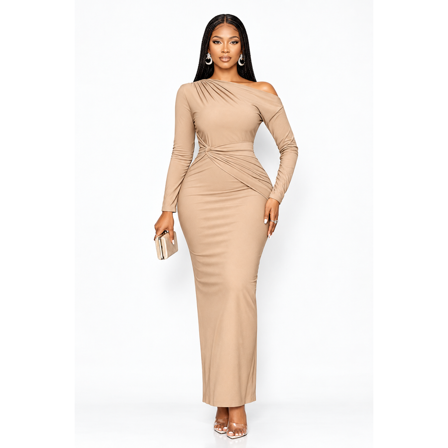 Off-Shoulder Ruched Long-Sleeve Maxi Dress
