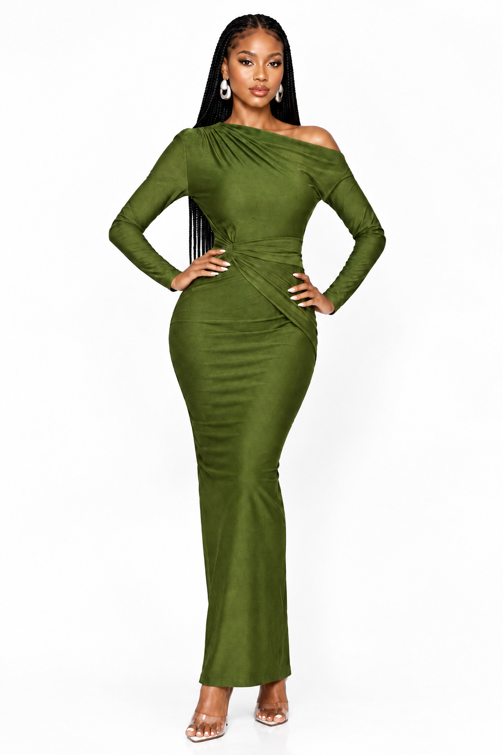Off-Shoulder Ruched Long-Sleeve Maxi Dress