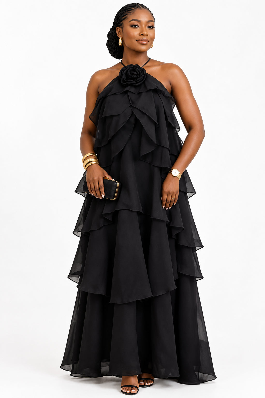 Halter-Neck Tiered Ruffle Maxi Dress with Rose Detail