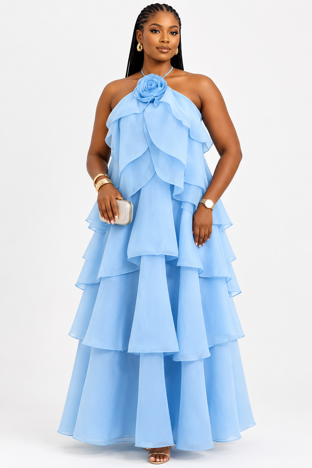 Halter-Neck Tiered Ruffle Maxi Dress with Rose Detail
