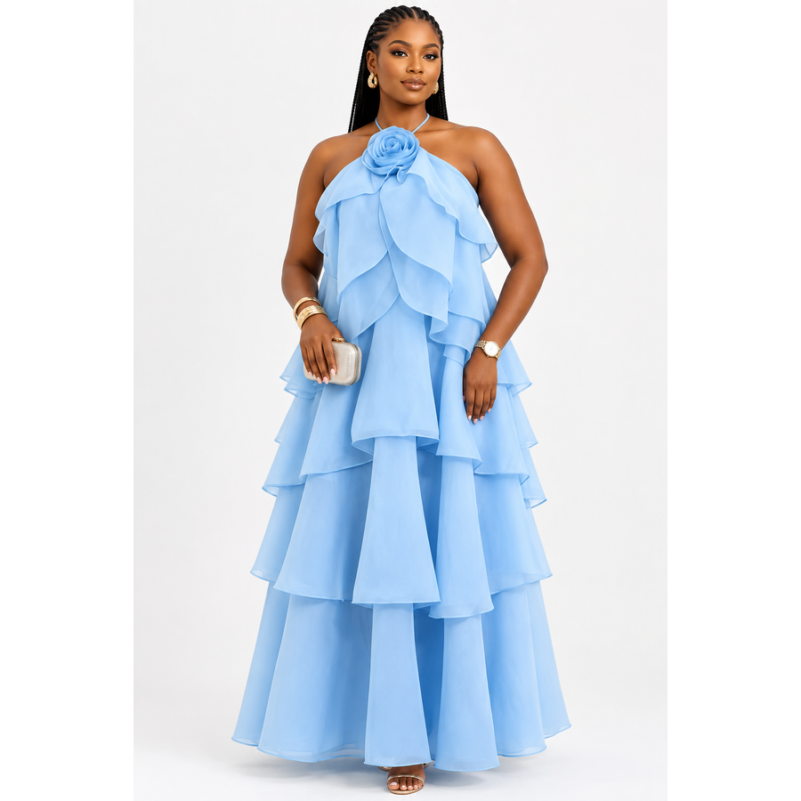 Halter-Neck Tiered Ruffle Maxi Dress with Rose Detail