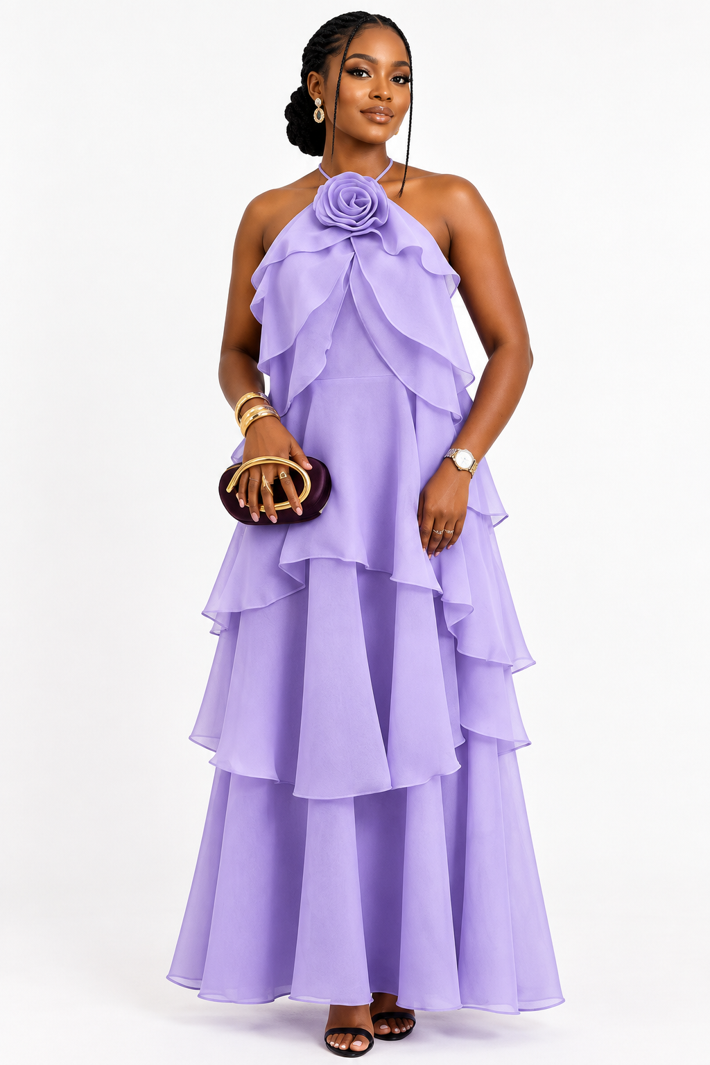 Halter-Neck Tiered Ruffle Maxi Dress with Rose Detail