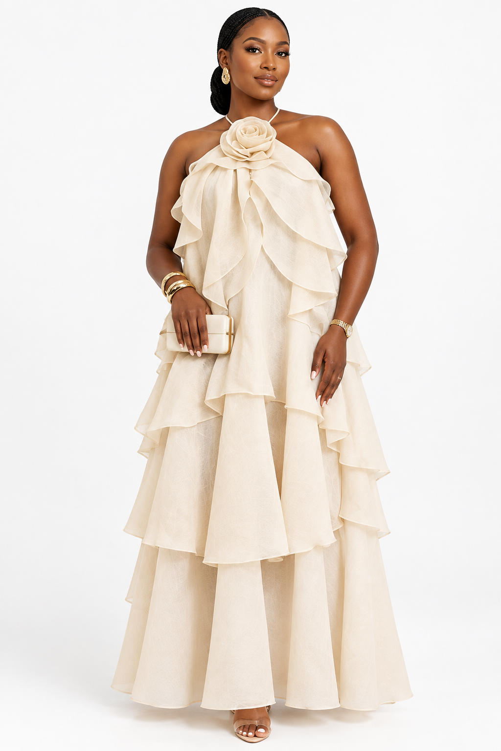 Halter-Neck Tiered Ruffle Maxi Dress with Rose Detail