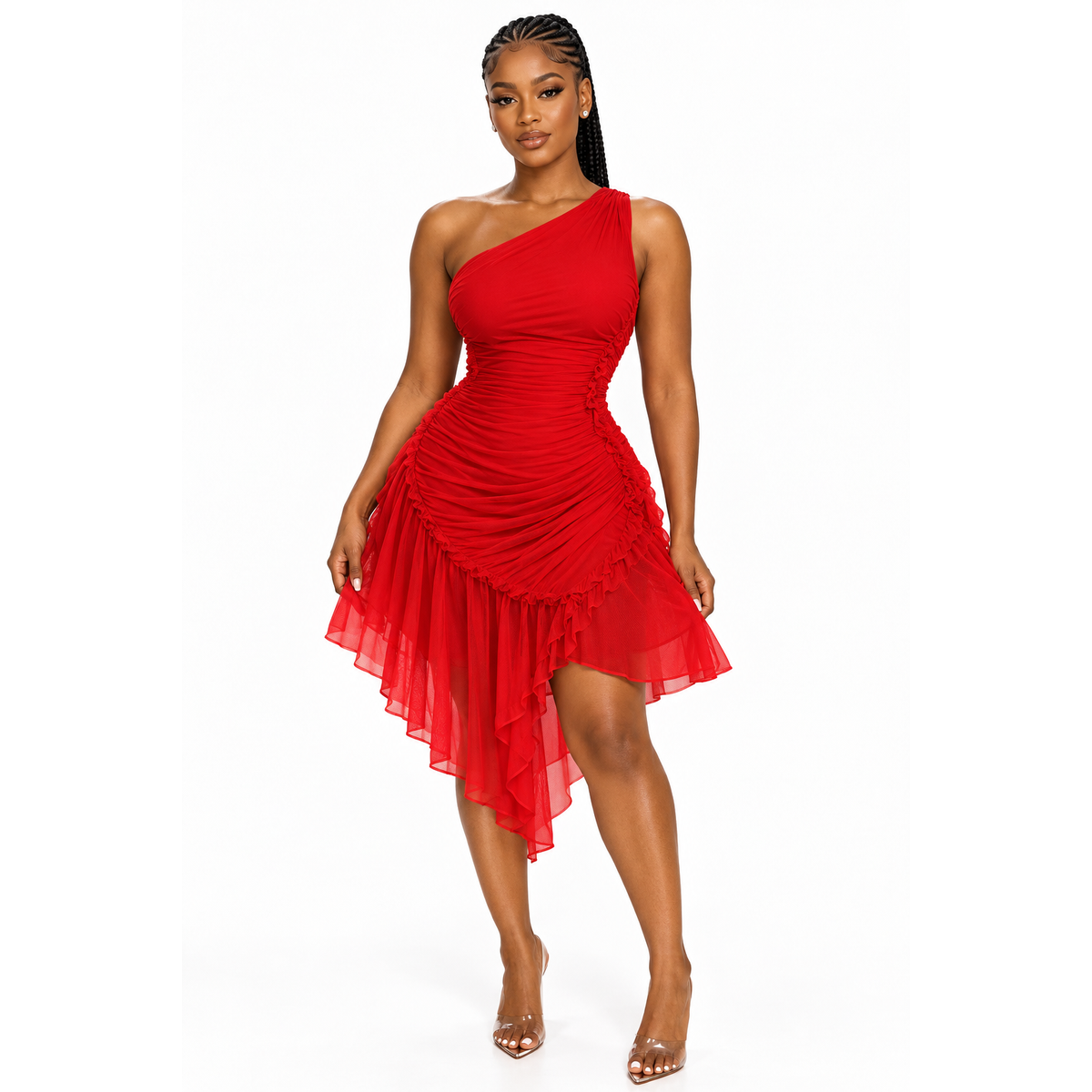 One-Shoulder Asymmetrical Ruched Bold Evening Statement Dress