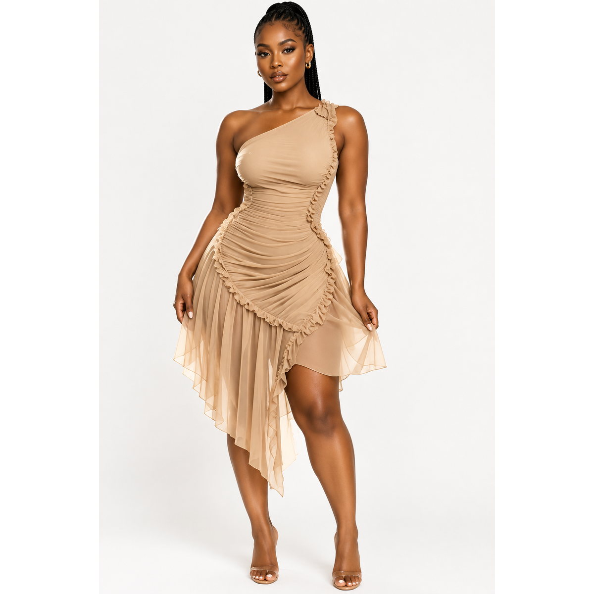 One-Shoulder Asymmetrical Ruched Bold Evening Statement Dress