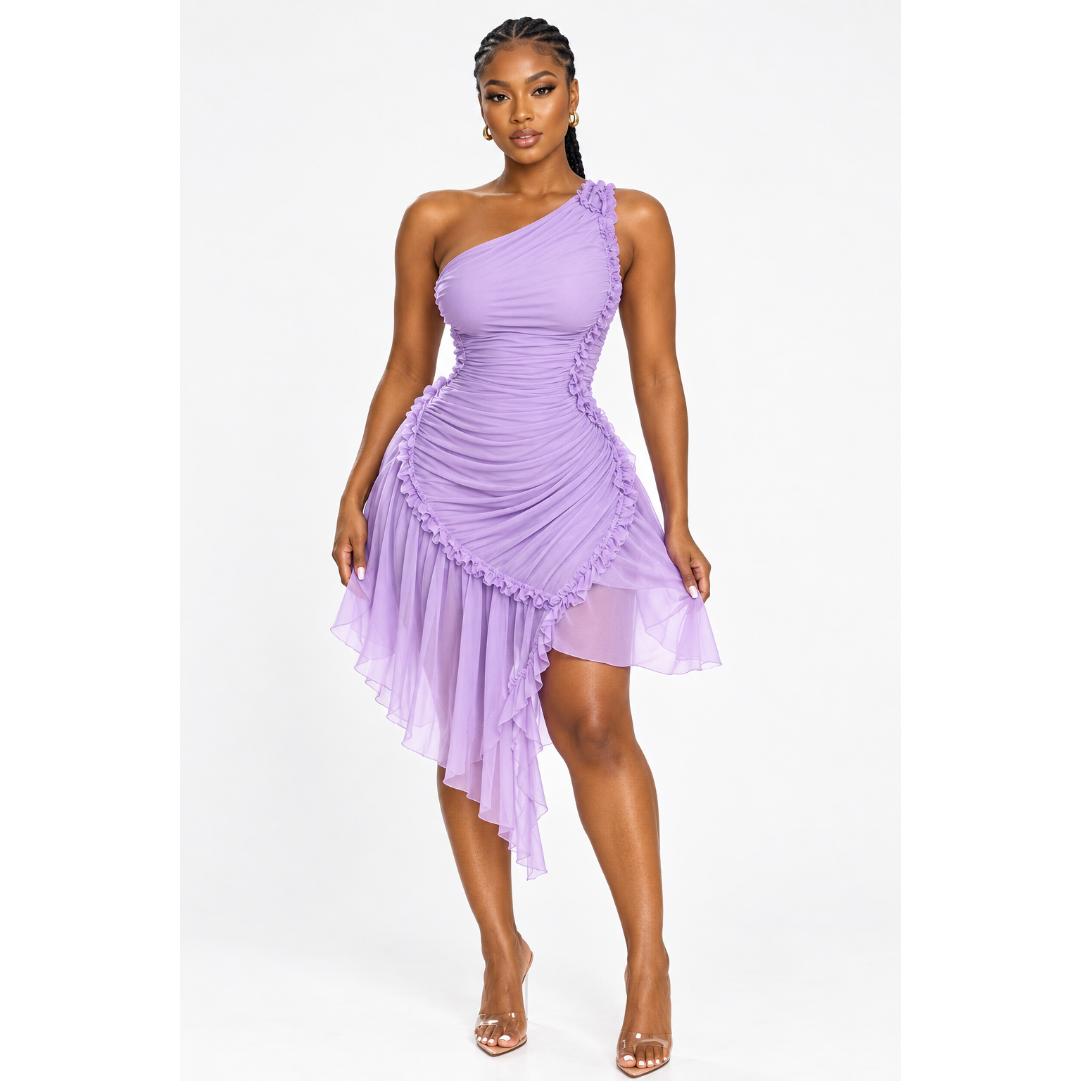 One-Shoulder Asymmetrical Ruched Bold Evening Statement Dress